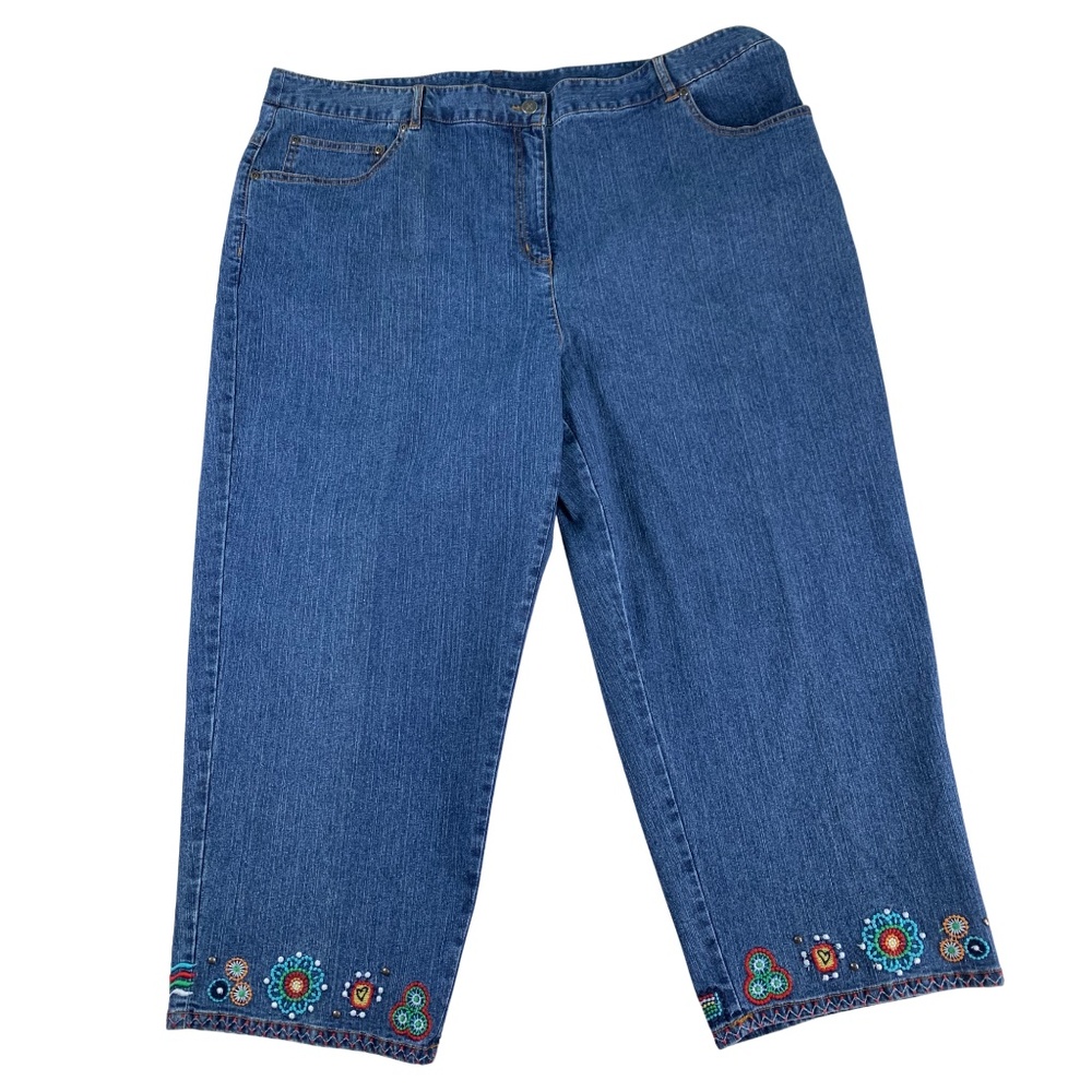 Ruby Rd Embroidered Hem Denim Capri 22W Flat Front Artsy Vintage Y2K